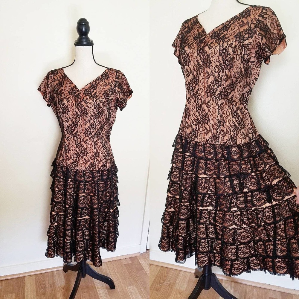 1950s Pink and Black Lace Ruffle Dress || Ferman O'Grady